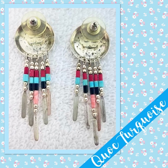 Vintage Native American Turquoise, Coral & Onyx Sterling Silver Dangle Earrings - Picture 3 of 7